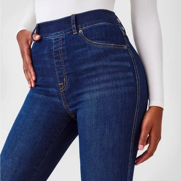 SPANX High Rise Pull-On Flare Midnight Dark Wash Jeans Size L - Picture 3 of 16